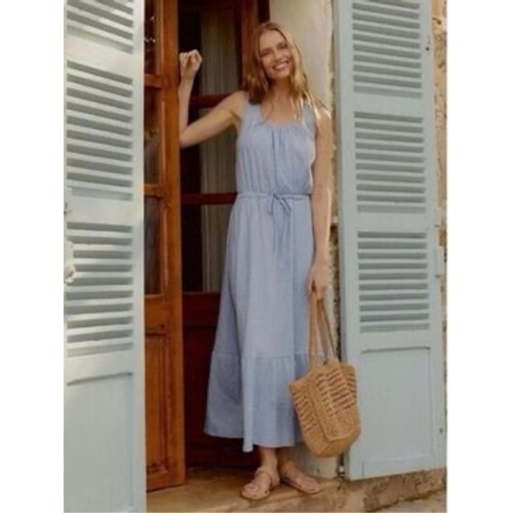 Pact Womens Dress L Organic Cotton Slub Coastal Tiered Midi Sleeveless Blue